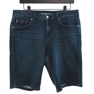 Calvin Klein City Short Women 14‎ Dark Wash Blue Denim Bermuda Stretch Summer
